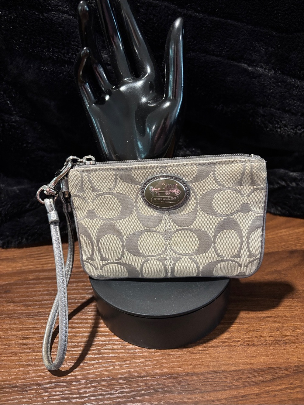 Coach Signature Wristlet in Beige/Gray C’s and Silver Hardware